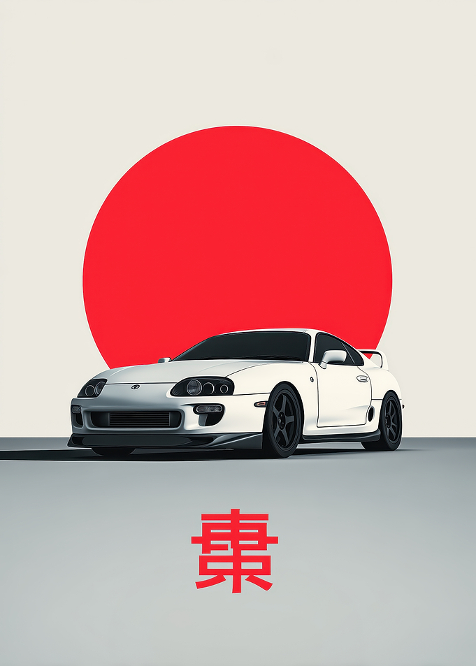 White Toyota Supra with Japanese Symbol