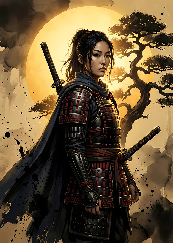 Female Samurai Warrior with Moon
