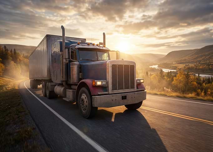 Semi-Truck on Road at Sunset