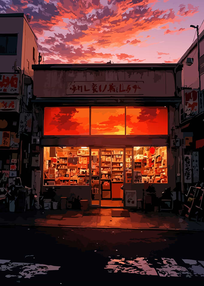 Japanese Storefront at Sunset