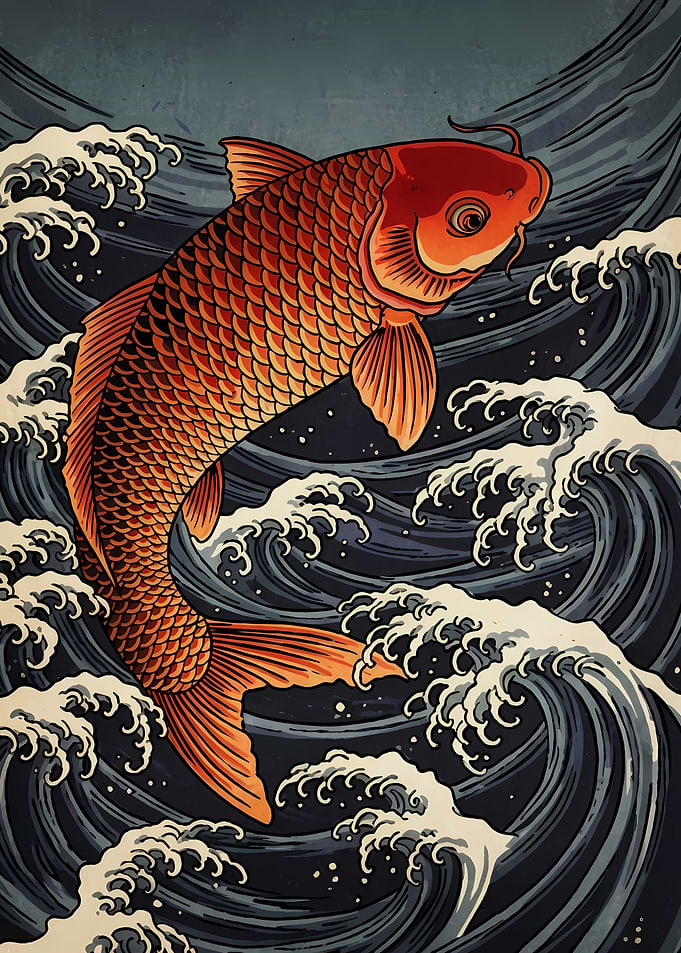 Koi Fish and Waves Illustration