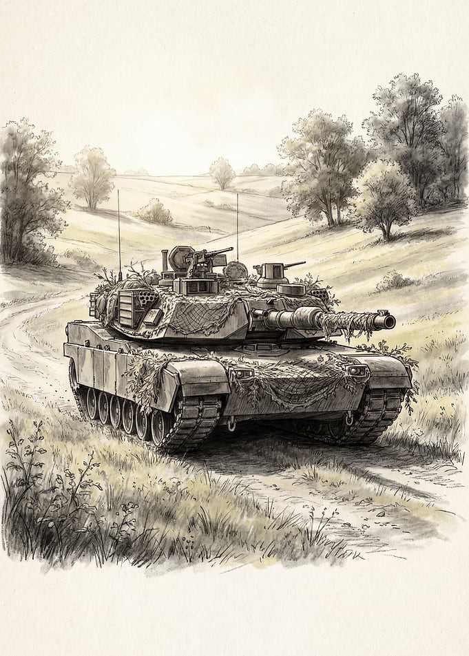 Camouflaged Tank in Grassy Field