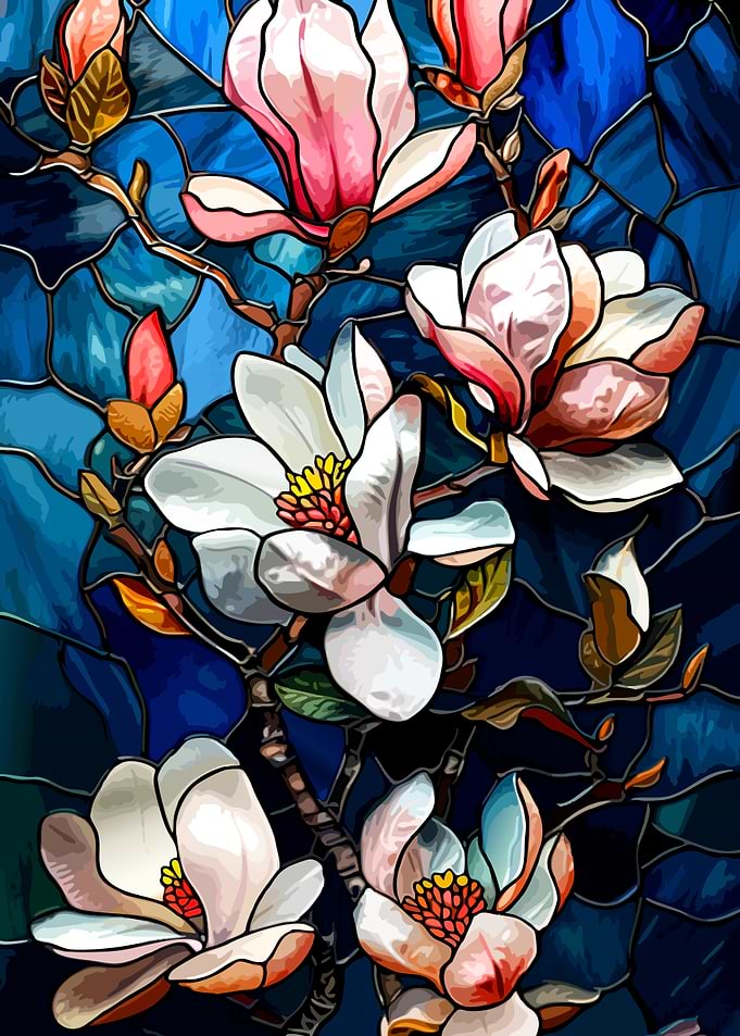 Magnolia Flowers Stained Glass Style Art
