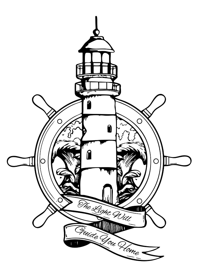 Lighthouse and Ship Wheel Illustration