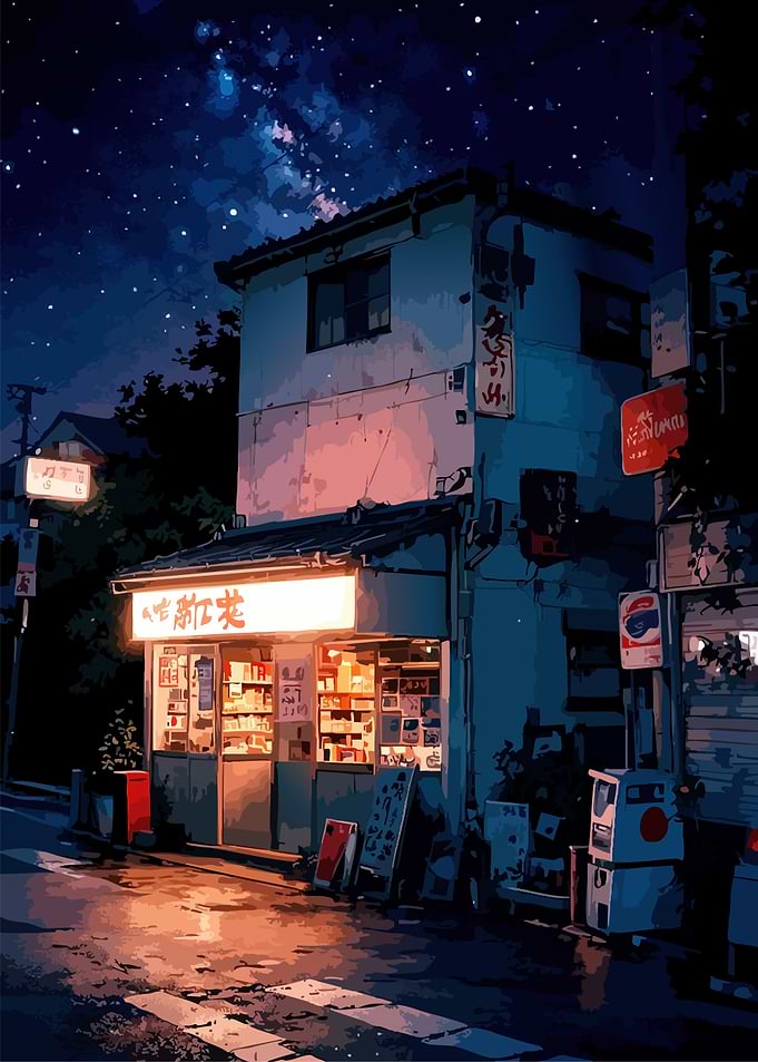 Nighttime Japanese Shopfront Digital Art