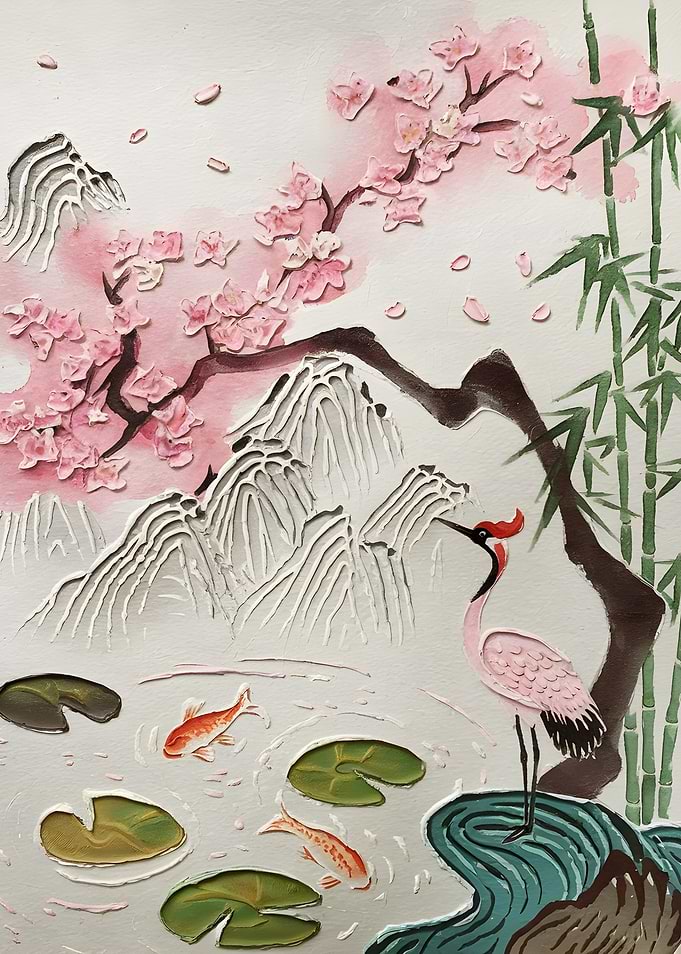 Japanese Landscape with Crane and Cherry Blossoms