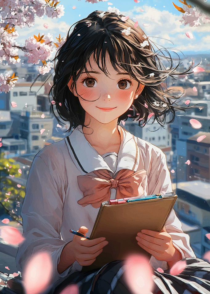Anime Girl with Clipboard and Cherry Blossoms