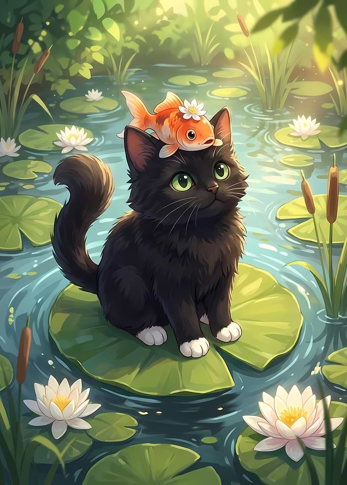 Cat with Goldfish on Head
