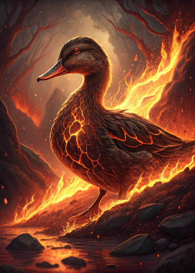 Fiery Duck in Volcanic Landscape