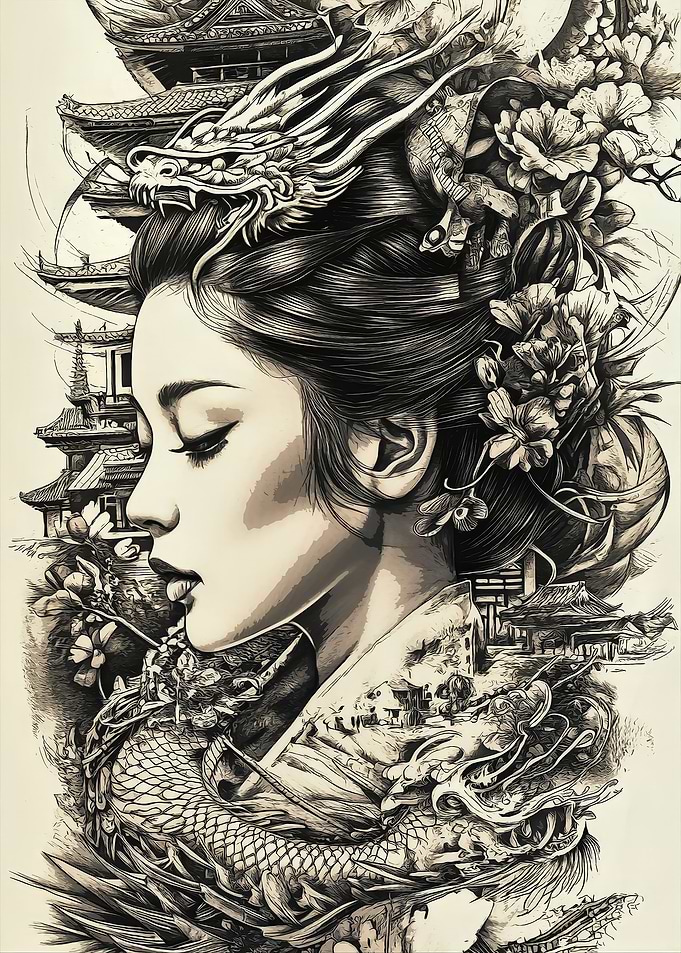 Asian Woman with Dragon and Pagoda