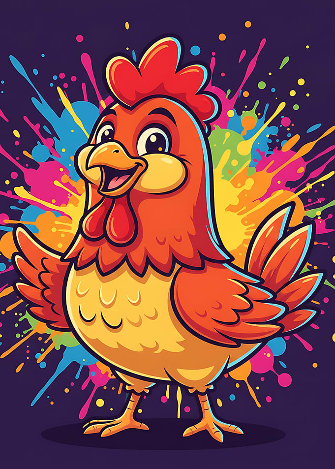 Cartoon Chicken with Colorful Splatter Background