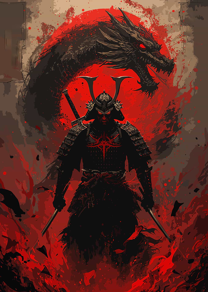 Painting of Samurai and Dragon in Red