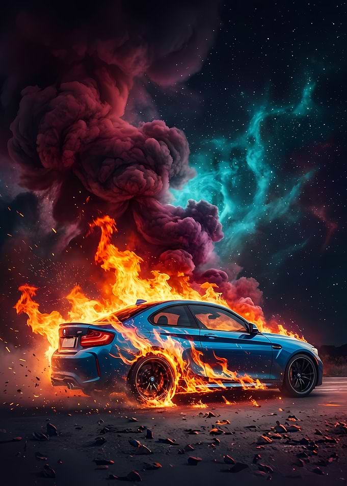Burning Blue Car in Space