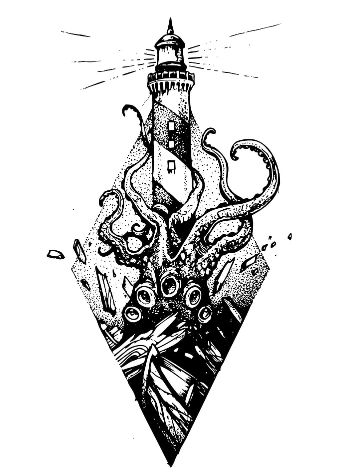 Lighthouse and Octopus Black and White Art
