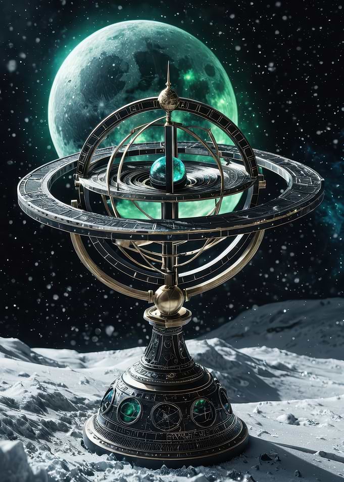 Ornate Celestial Armillary with Glowing Moon — Photoreal Sci‑Fi Astronomical Model