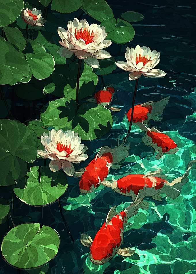 Koi Fish and Water Lilies Pond