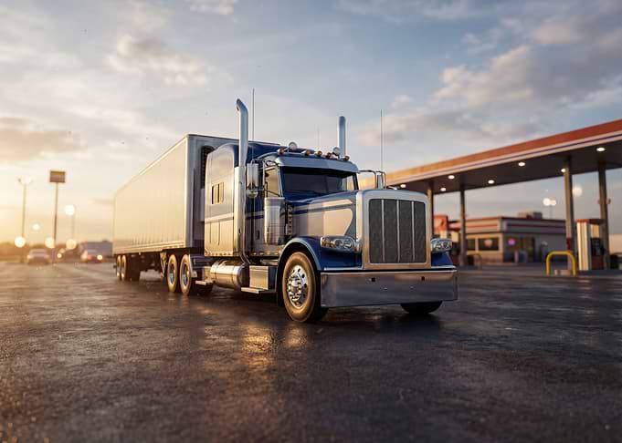 Blue Semi-Truck at Gas Station