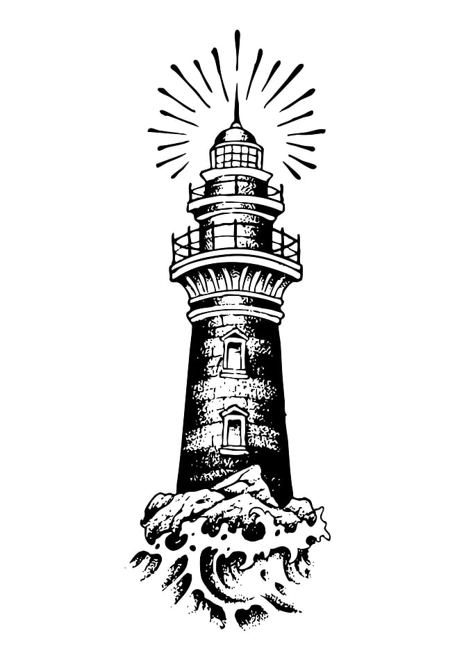 Monochrome Lighthouse on Rocks and Waves