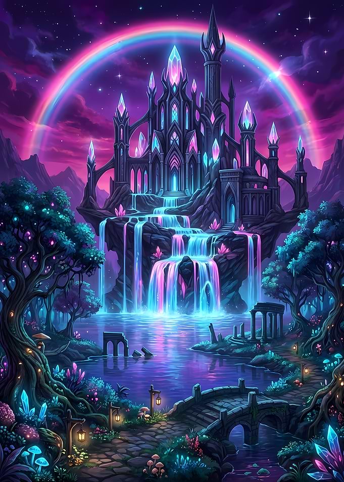 Crystal Castle Waterfall Fantasy Landscape