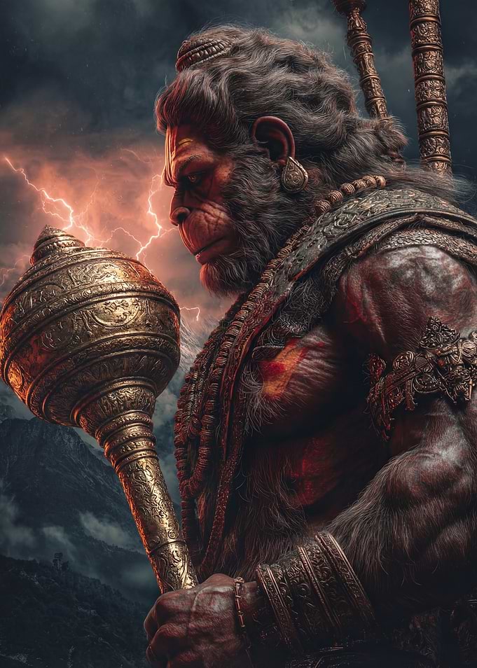 Hanuman with Mace in Stormy Weather