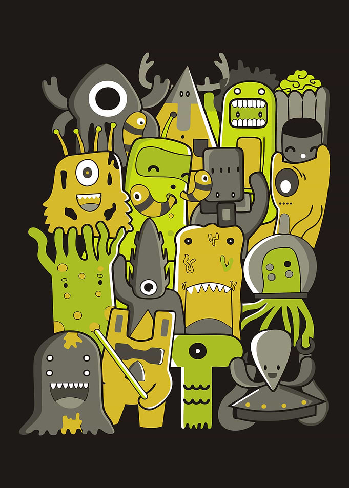 Cartoon Monster Grouping on Black Background
