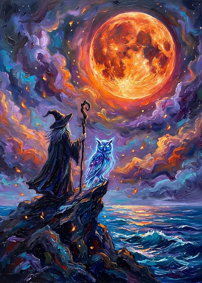 Wizard and Owl Under a Full Moon
