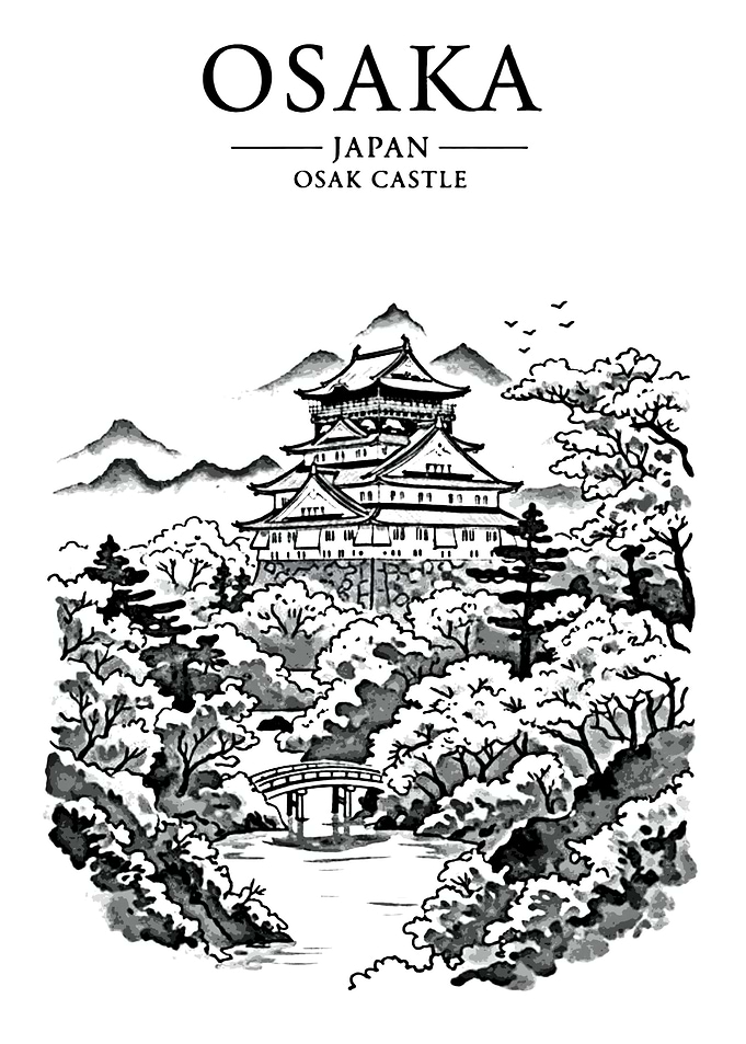 Osaka Castle Japan Black and White