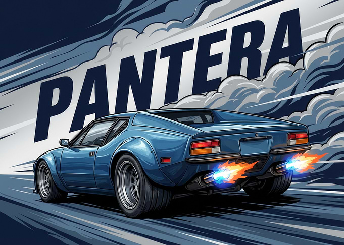 Blue Pantera Car Speeding with Flames