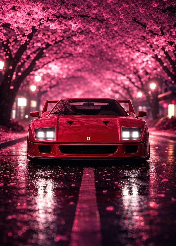 Red Ferrari under Cherry Blossoms