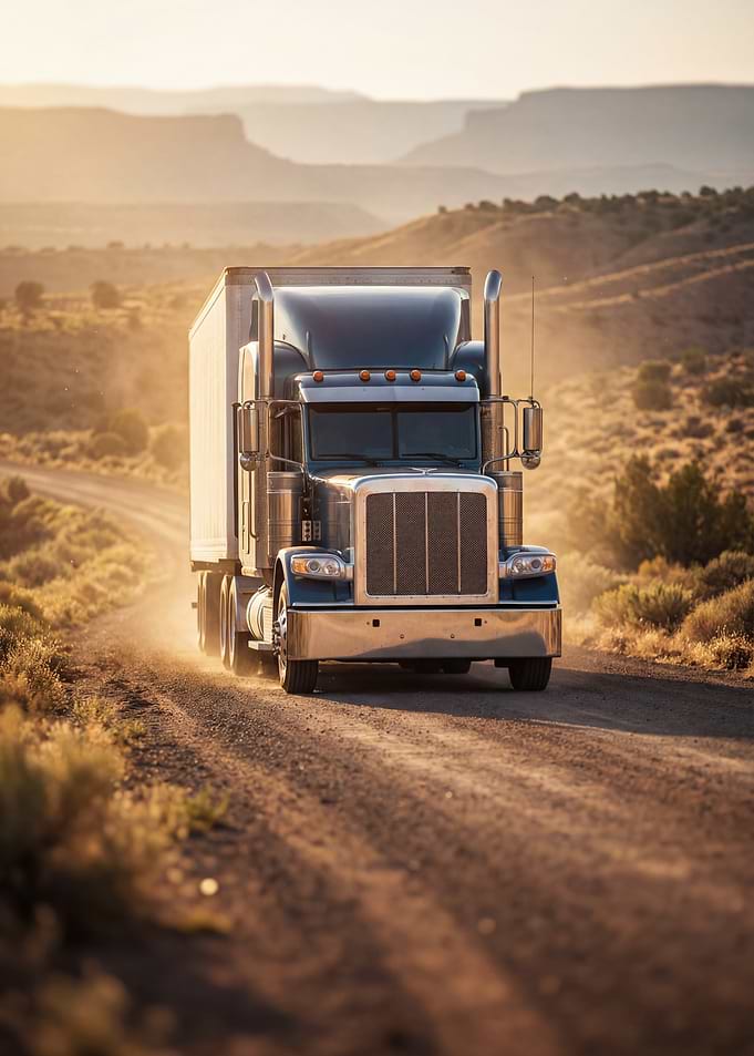 Blue Semi-Truck on Desert Road