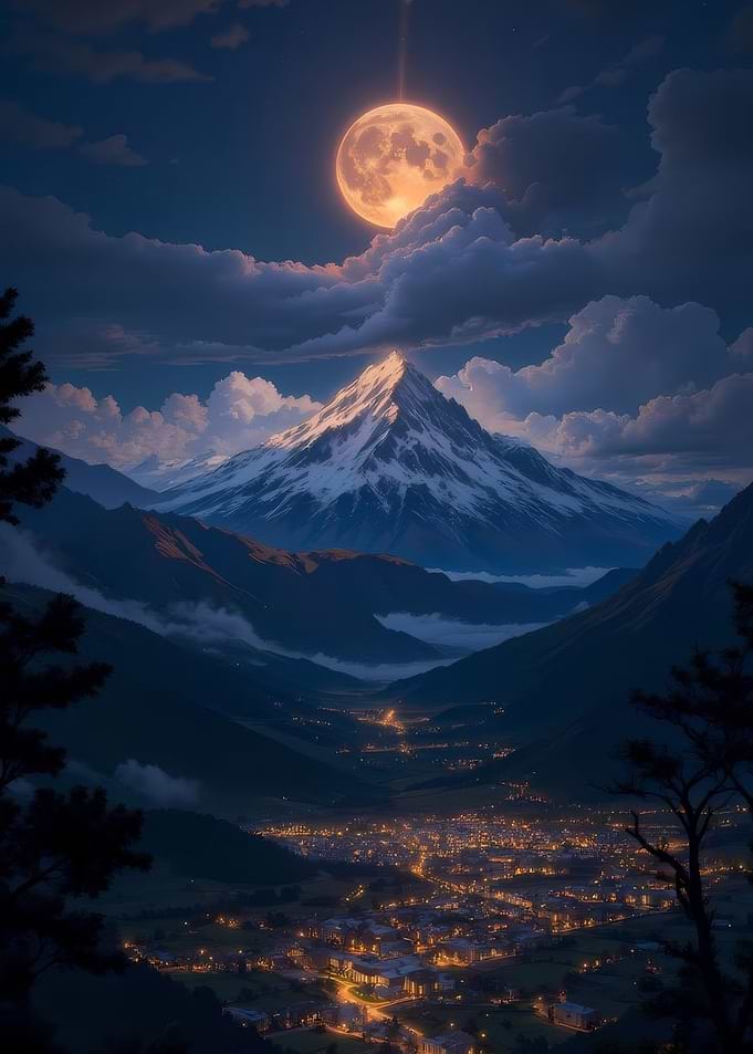 Mountain Peak Under Full Moon