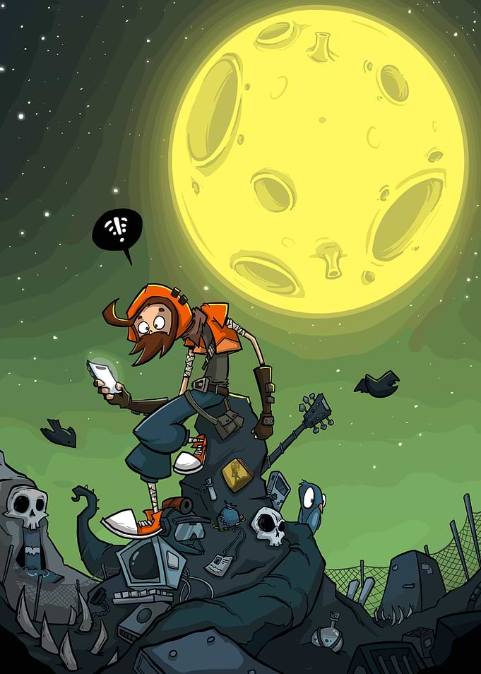 Cartoon character on junk pile under moon