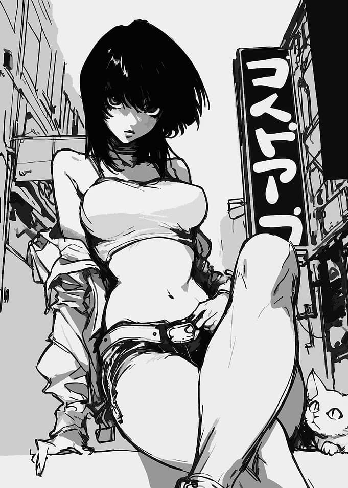 Monochrome Anime Girl in Urban Setting