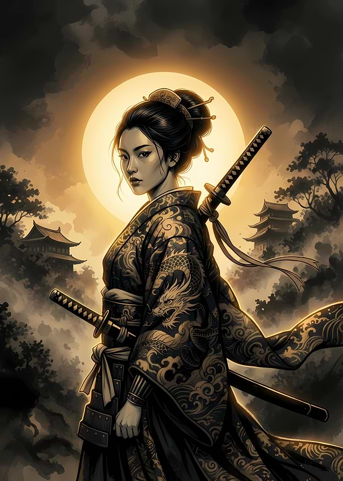 Samurai Woman with Swords and Moon