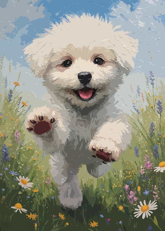 Happy Puppy in Meadow Painting