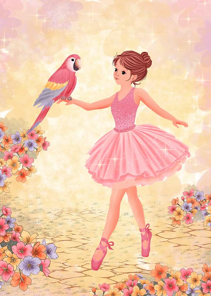 Ballerina with Parrot in Floral Garden
