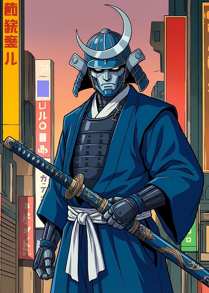 Cyberpunk Samurai in Cityscape
