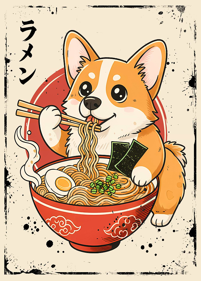 Corgi Eating Ramen Cartoon Illustration