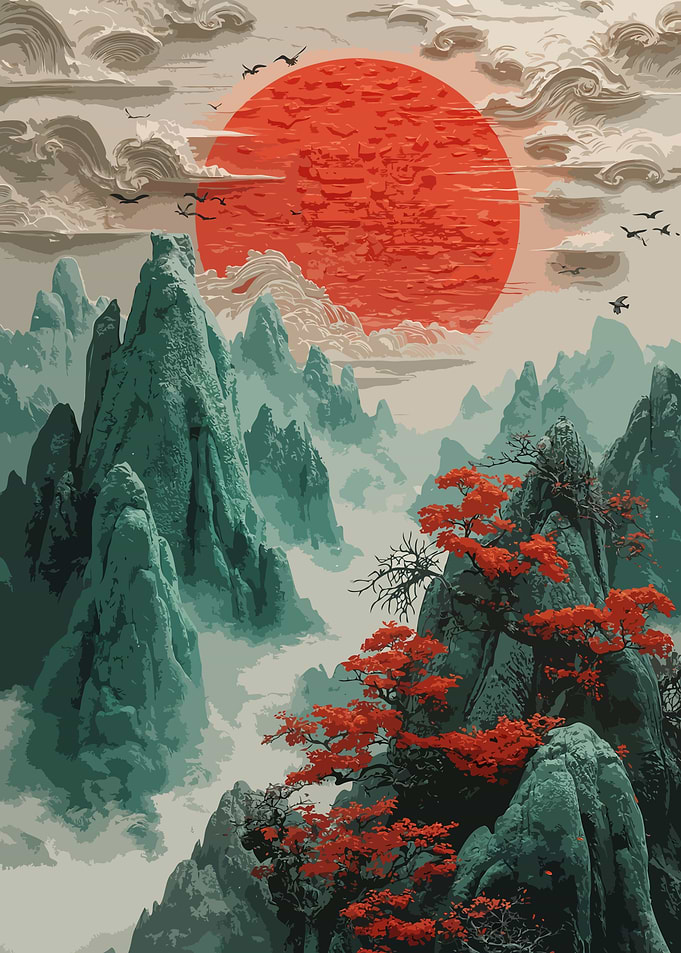Asian Landscape with Sunset Painting