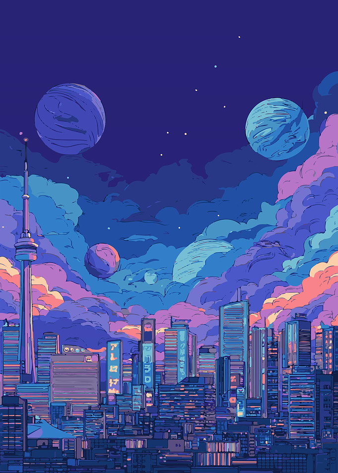 Cityscape with Planets and Tower