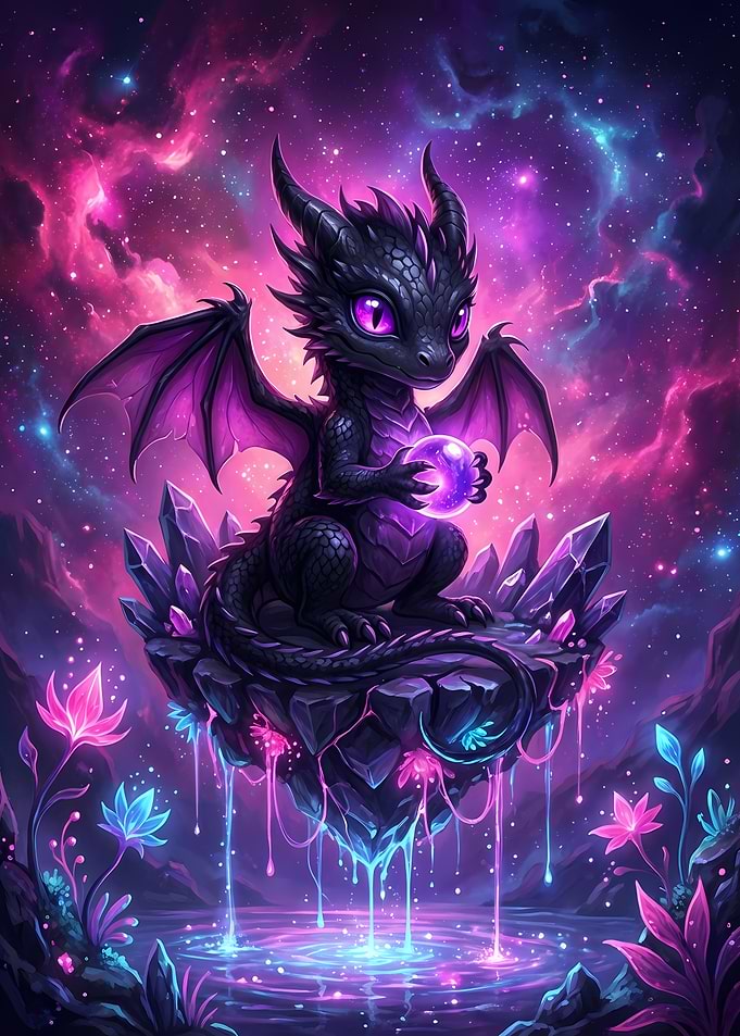 Cute Dragon with Orb in Fantasy Landscape