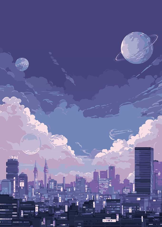 Pixel Art Cityscape with Planets