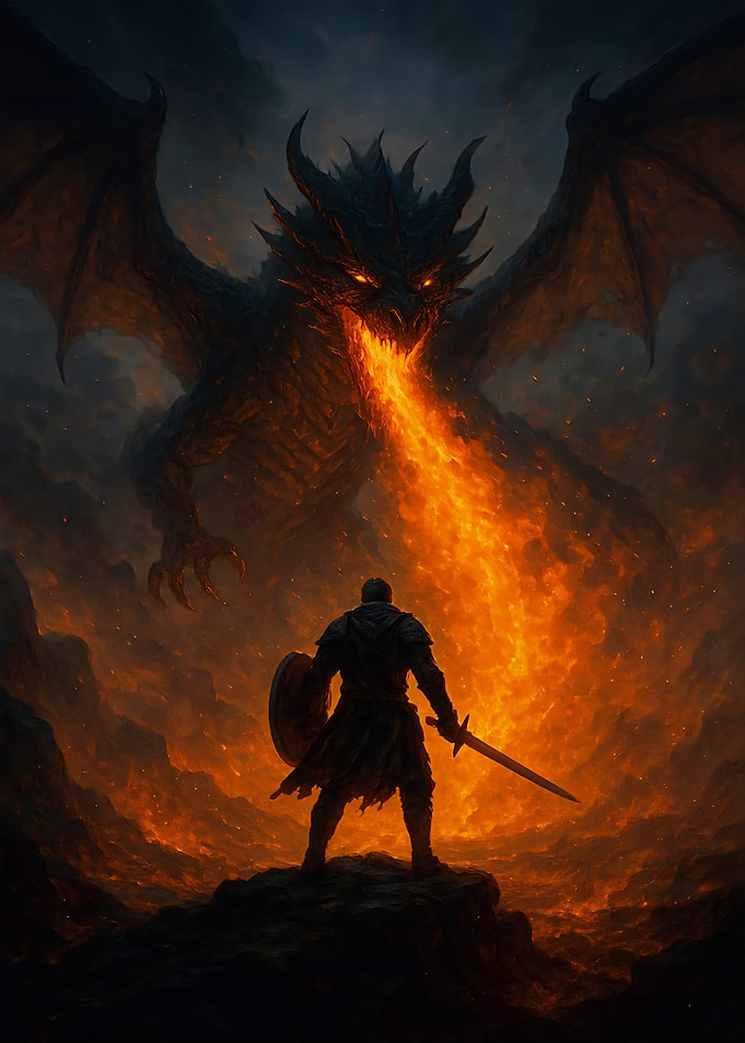 Knight Facing Dragon Fire