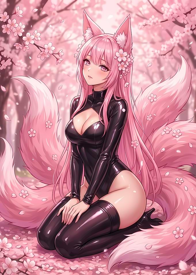 Anime Fox Girl with Cherry Blossoms