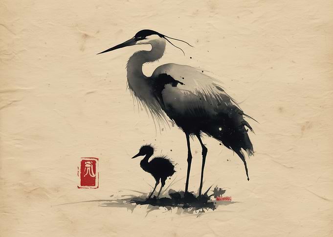 Heron and Chick Ink Painting