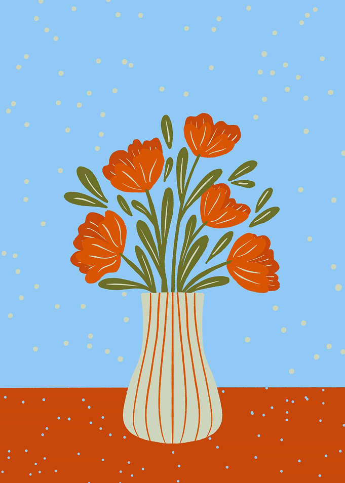 Orange Flowers in Striped Vase