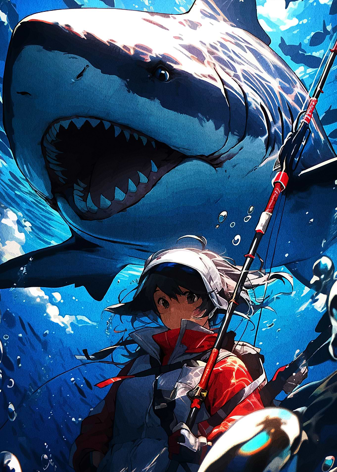 Anime Angler and Great White Shark