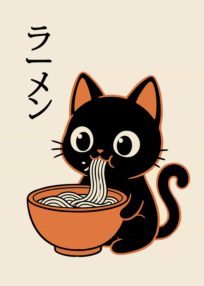 Cute Black Cat Eating Ramen
