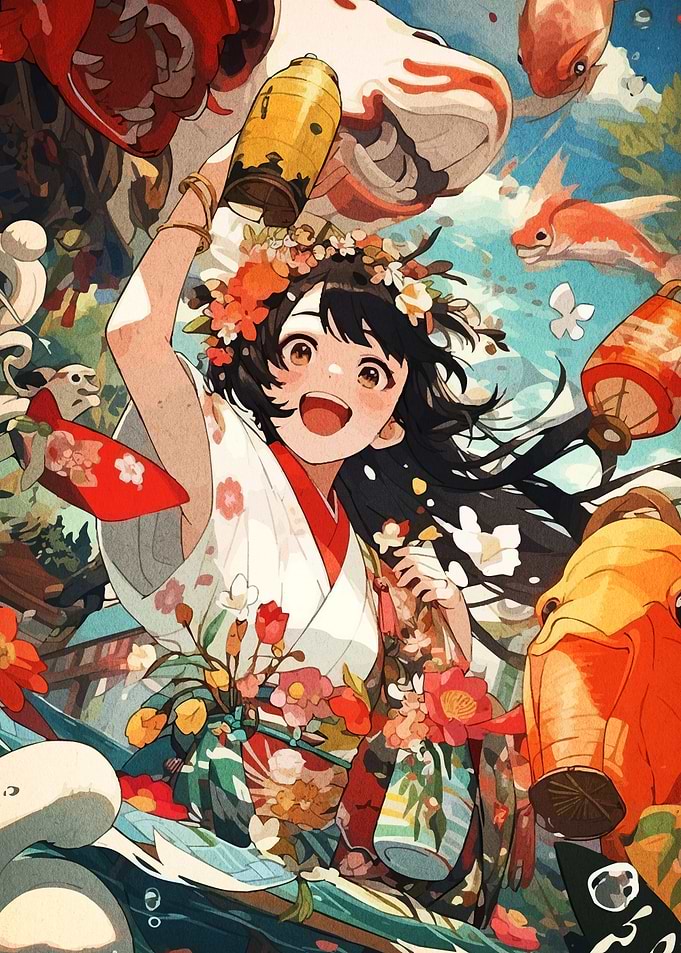 Anime Girl with Lantern and Koi