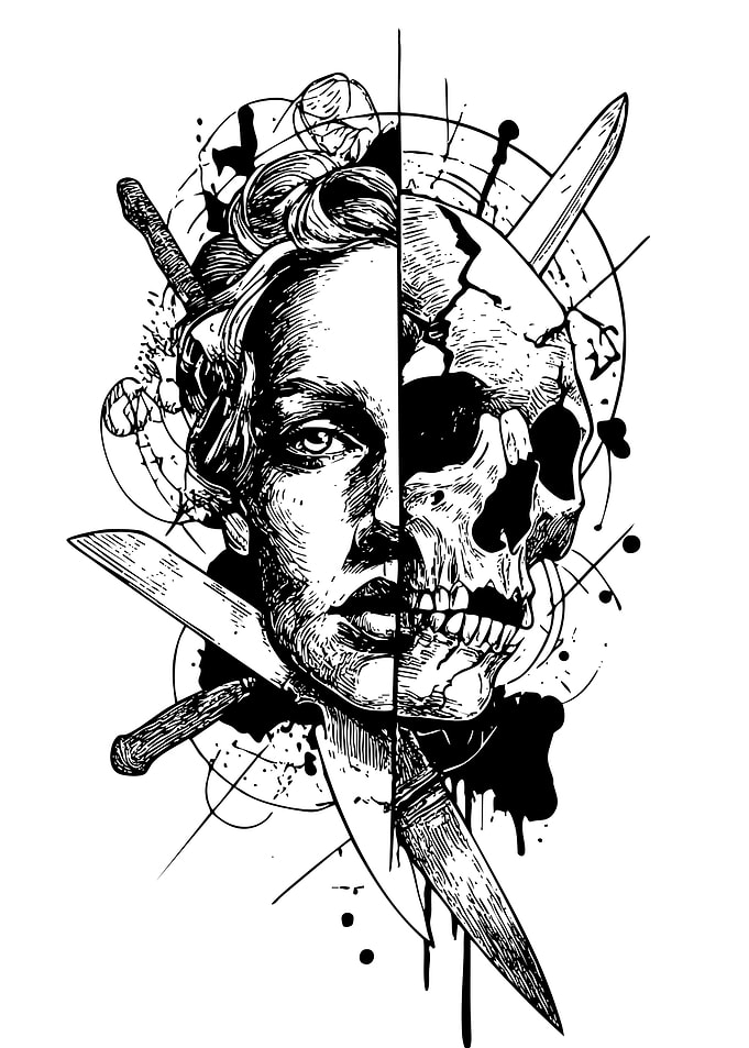 Human Face and Skull Illustration